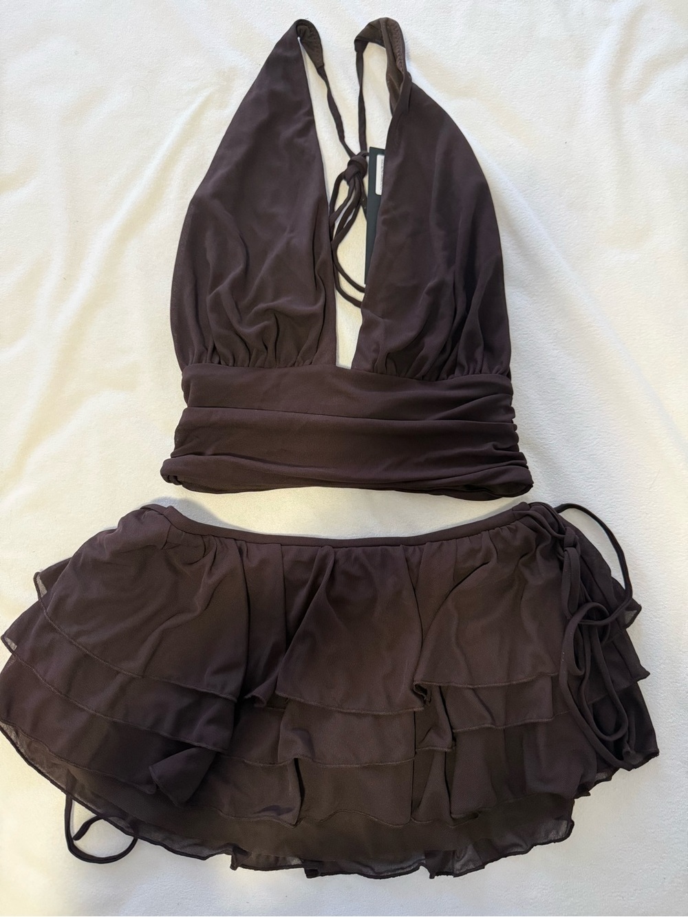 Women’s Brown Two-Piece Halter Top and Ruffle Skirt